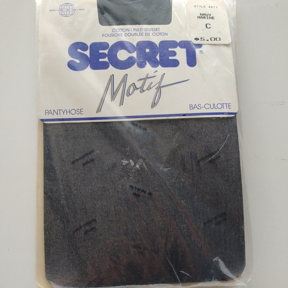 Secret Motif Fashion Design Stockings Panty Hose 70's Navy Vintage Pantyhose